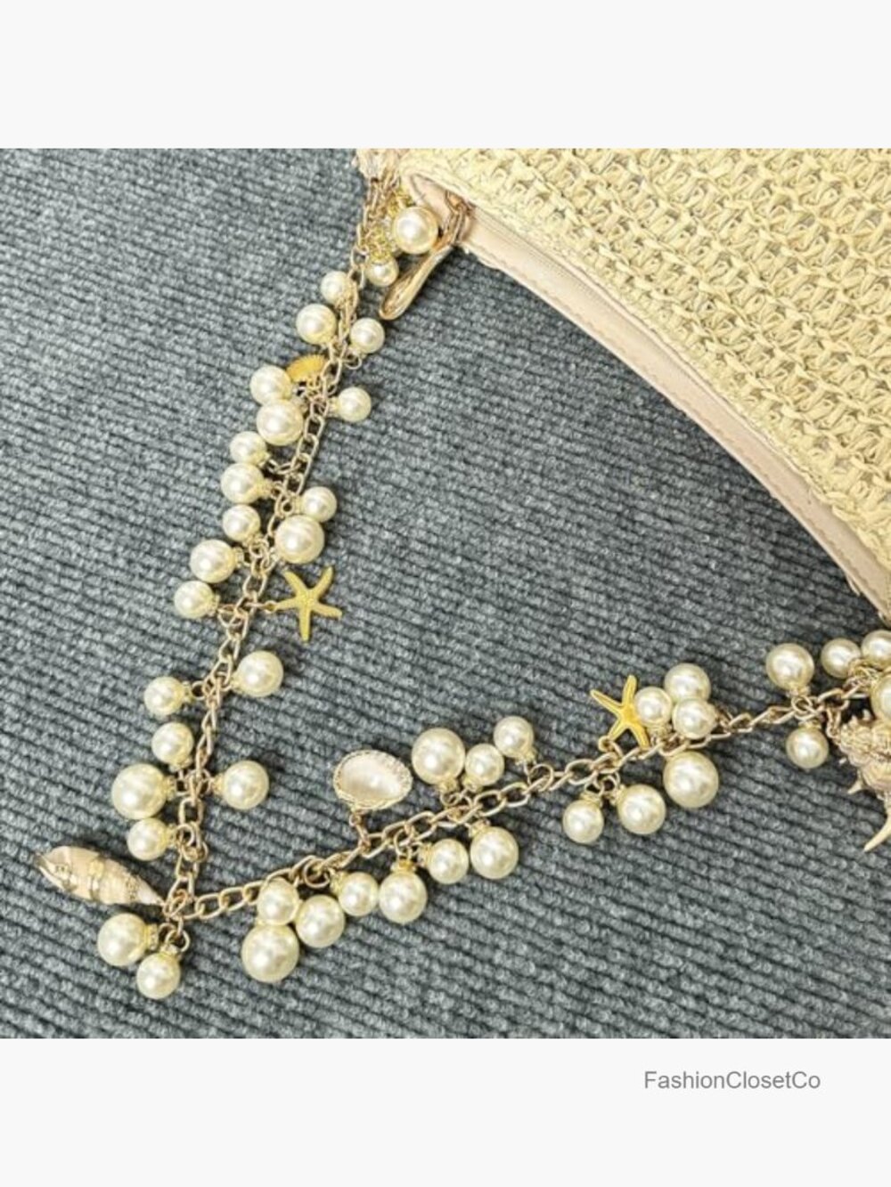 Woven Straw Shoulder Bag with Pearl Chain, Handmade Beach Messenger Bag for - Picture 7 of 7